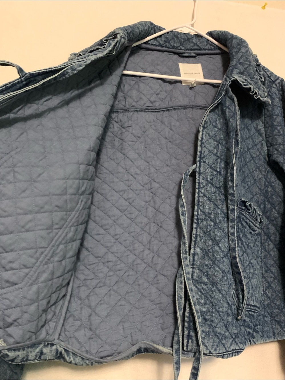 Anthropologie Avec Les Filles Quilted Denim Jacket Ruffle Tie Front XL 16/18 - Picture 8 of 10